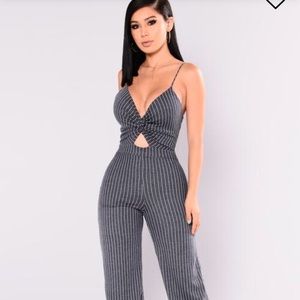 Fashion Nova Captain Striped Jumpsuit Blue XS